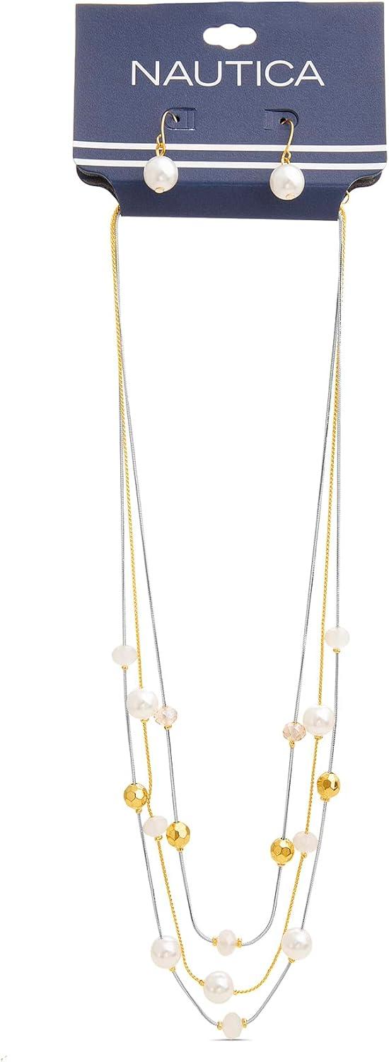 imageNautica Beaded Station Necklace Simulated Pearl Earring Set for Women Rhodium amp 14K Yellow Gold Plated Alloy 2126 Inches