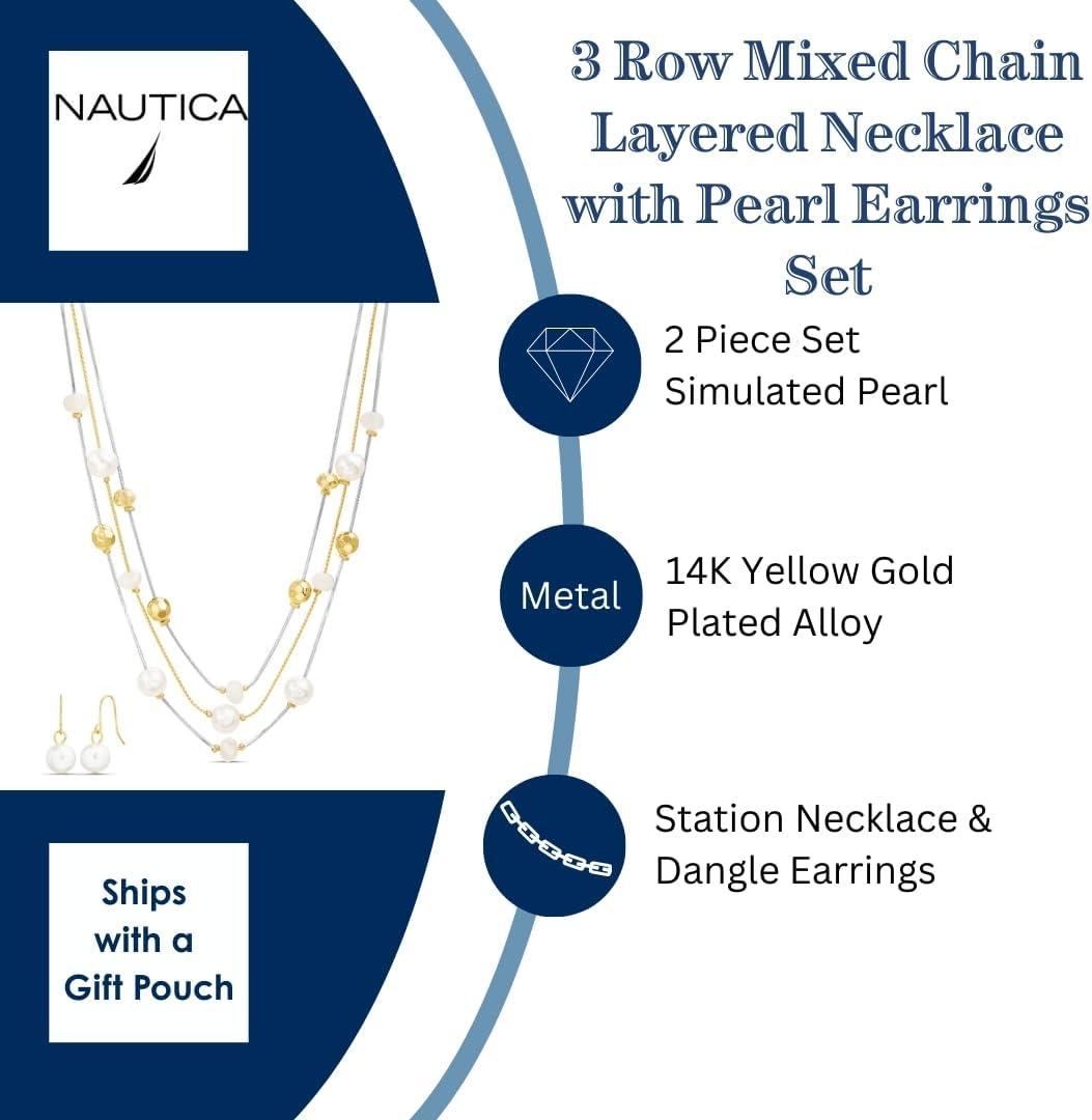 imageNautica Beaded Station Necklace Simulated Pearl Earring Set for Women Rhodium amp 14K Yellow Gold Plated Alloy 2126 Inches
