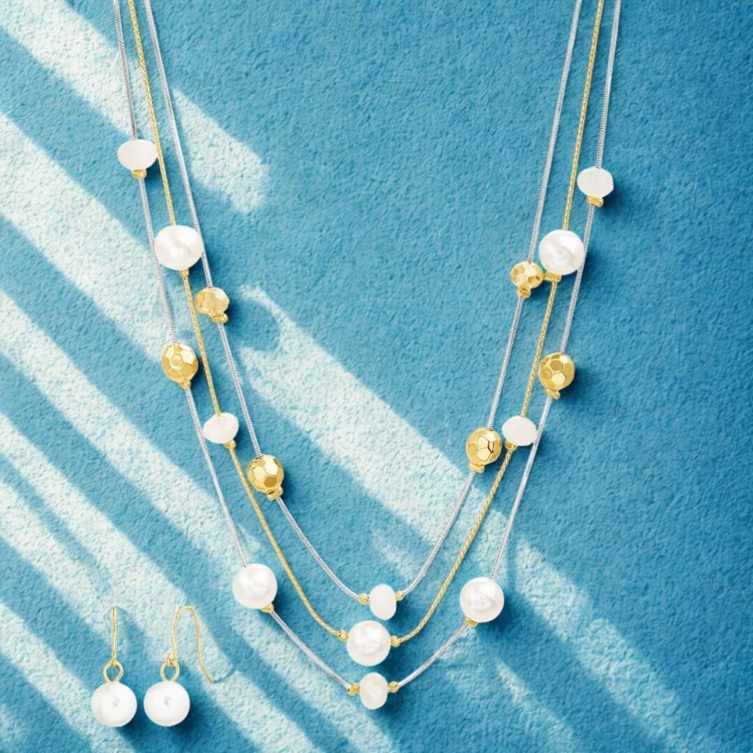 imageNautica Beaded Station Necklace Simulated Pearl Earring Set for Women Rhodium amp 14K Yellow Gold Plated Alloy 2126 Inches