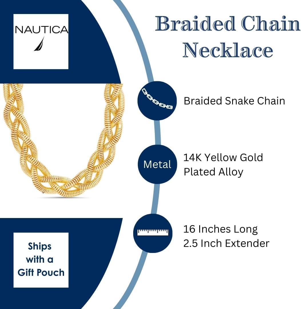 imageNautica Braided Snake Chain Necklace for Women 14K Yellow Gold Plated Alloy 18 Inches