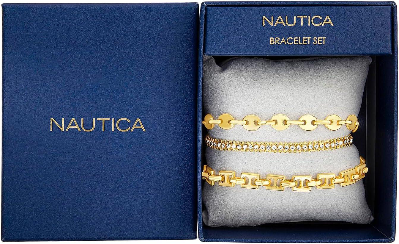 imageNautica Fancy Link Rhinestone Bracelet Set for Women 14K Yellow Gold Plated Alloy