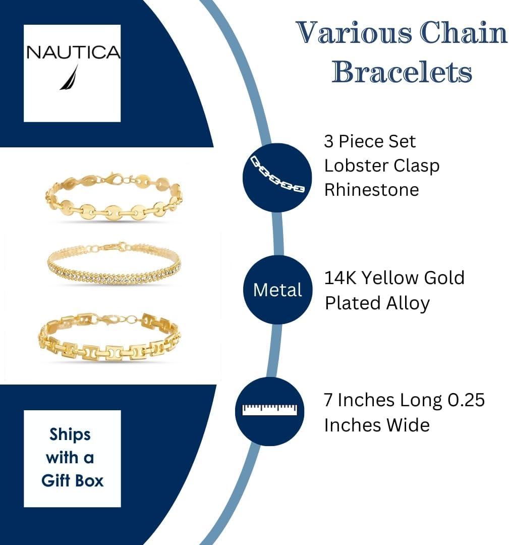 imageNautica Fancy Link Rhinestone Bracelet Set for Women 14K Yellow Gold Plated Alloy