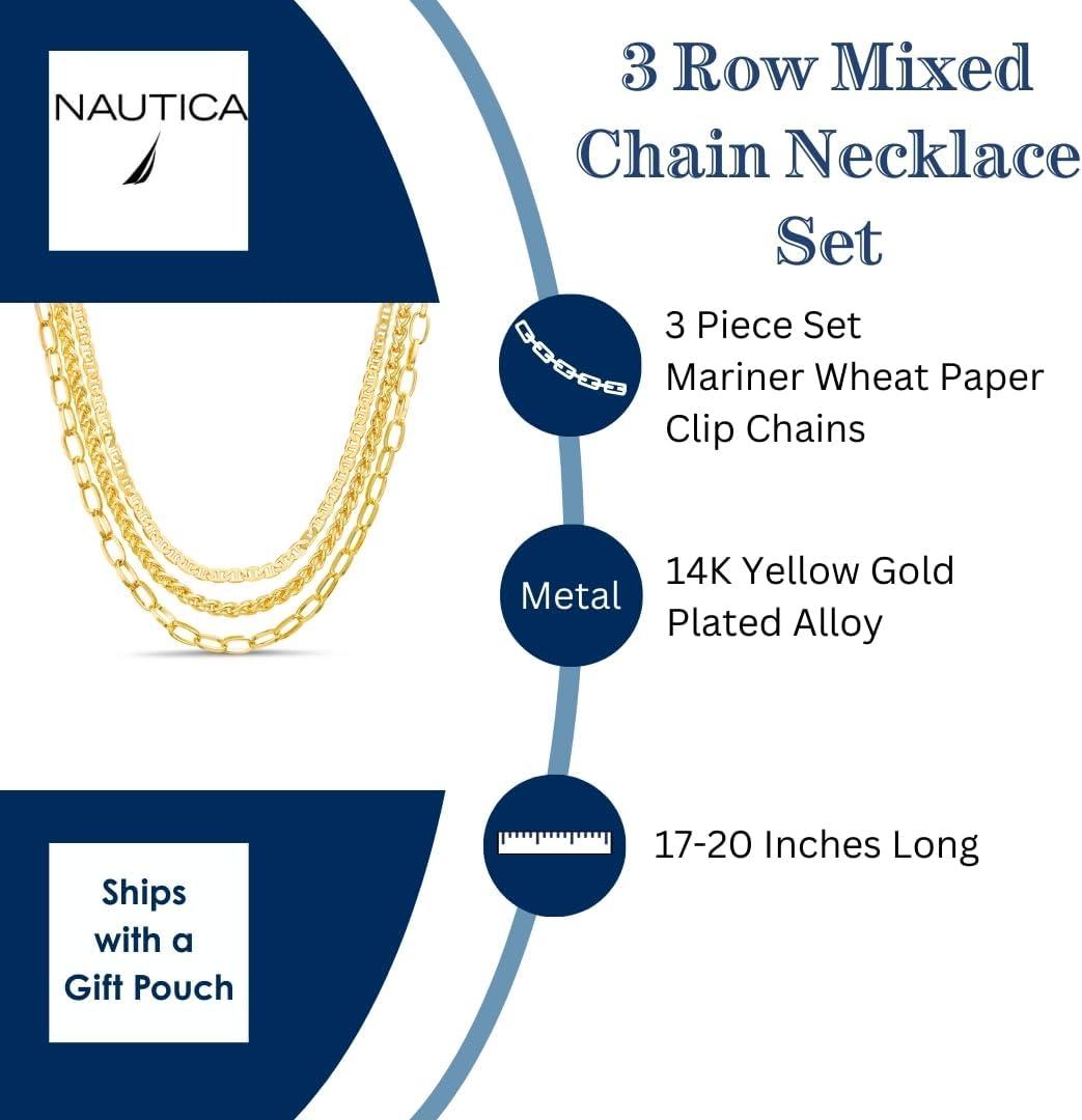 imageNautica Mariner Link Wheat Chain Necklace Set for Women 14K Yellow Gold Plated Alloy 14 20 Inches