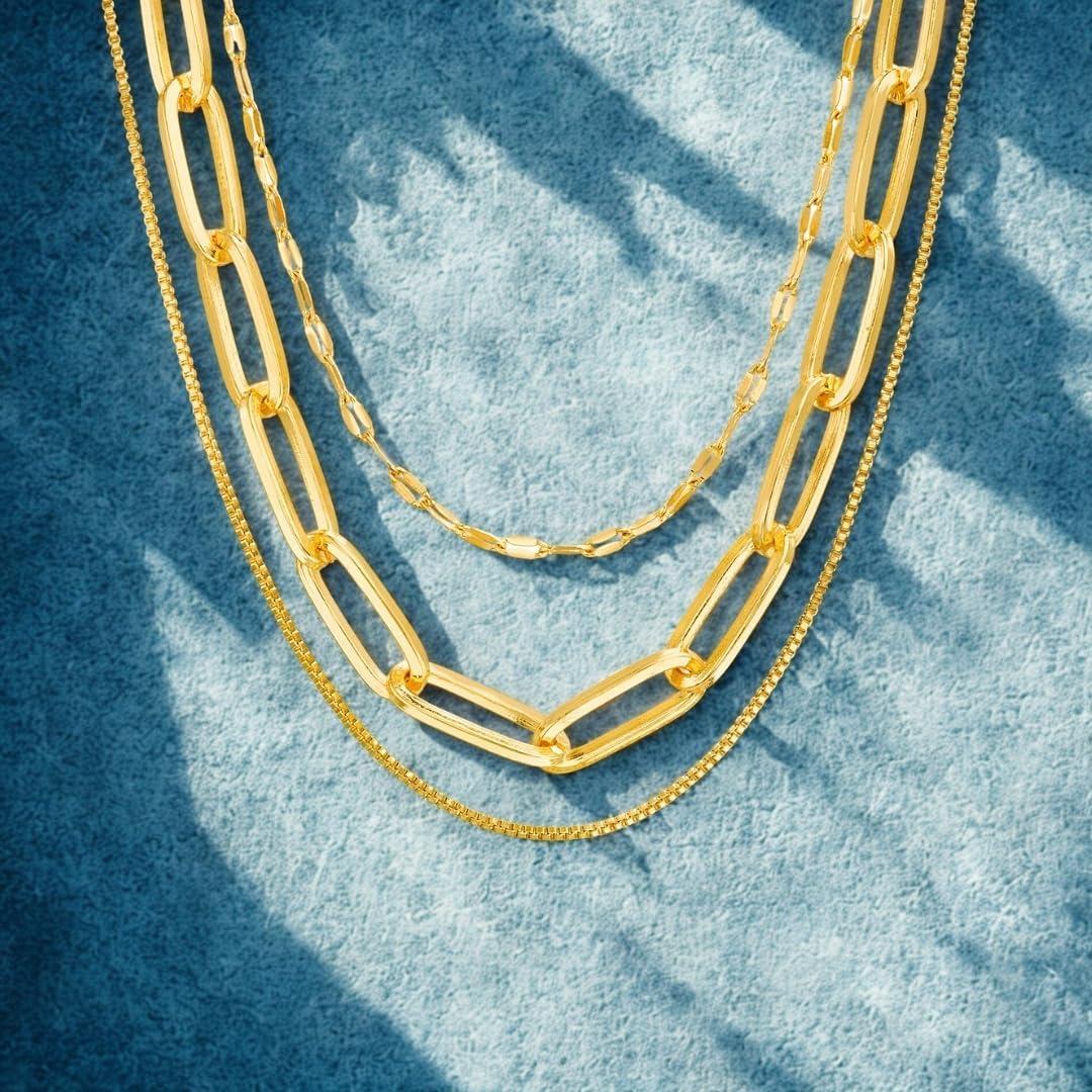 imageNautica Mirror Box Paper Clip Chain Necklace Set for Women 14K Yellow Gold Plated Alloy 1626 Inches