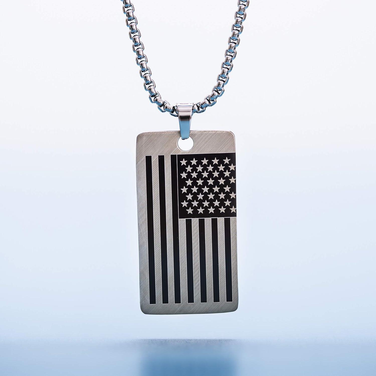imageNautica Oxidized Stainless Steel American Flag Dog Tag Necklace for Men 24 Inch Rolo Chain