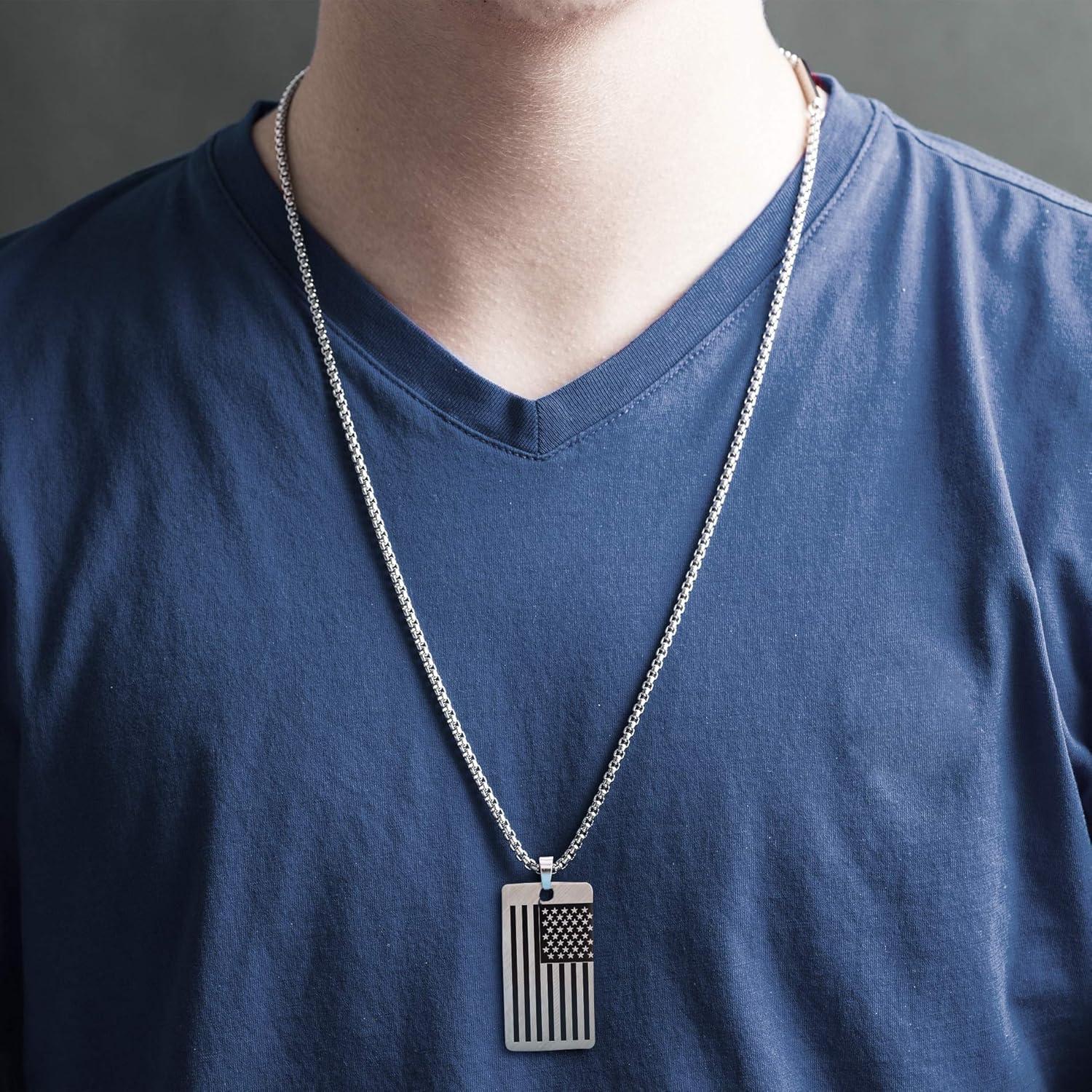 imageNautica Oxidized Stainless Steel American Flag Dog Tag Necklace for Men 24 Inch Rolo Chain