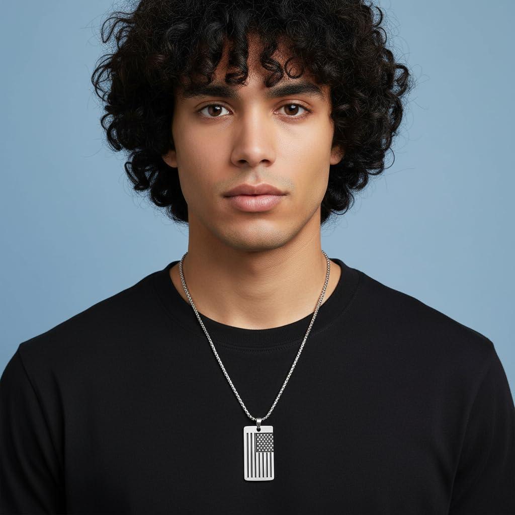 imageNautica Oxidized Stainless Steel American Flag Dog Tag Necklace for Men 24 Inch Rolo Chain