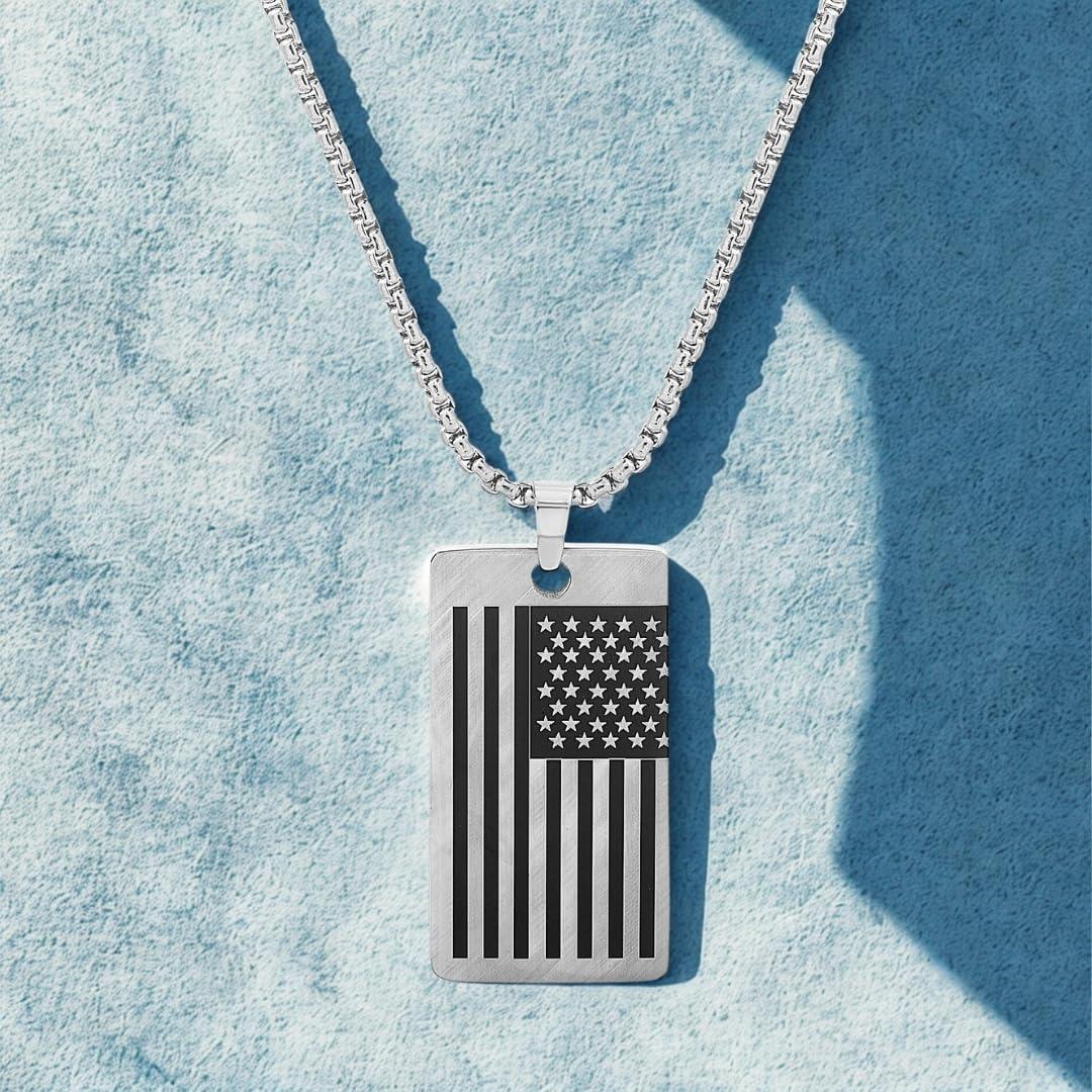 imageNautica Oxidized Stainless Steel American Flag Dog Tag Necklace for Men 24 Inch Rolo Chain