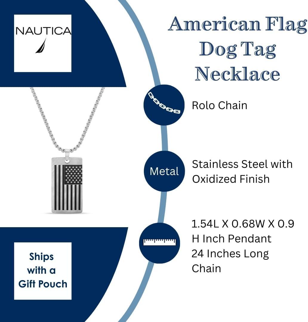 imageNautica Oxidized Stainless Steel American Flag Dog Tag Necklace for Men 24 Inch Rolo Chain