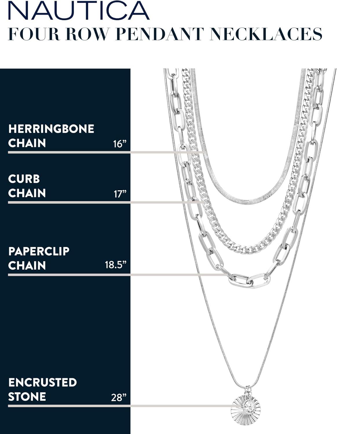 imageNautica Rhinestone Disc Pendant Layered Necklace for Women Rhodium Plated Alloy Four Row White Chain 1422 Inches