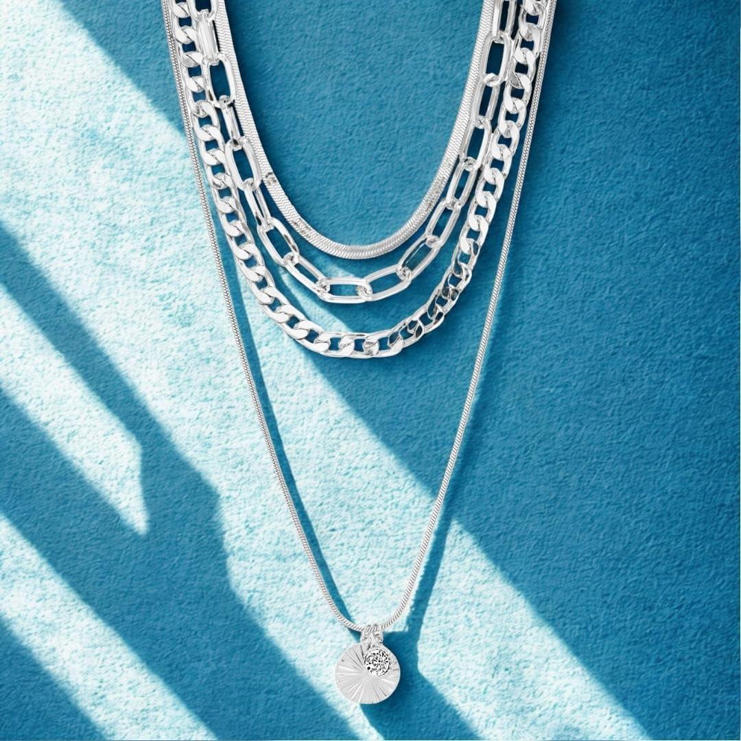 imageNautica Rhinestone Disc Pendant Layered Necklace for Women Rhodium Plated Alloy Four Row White Chain 1422 Inches