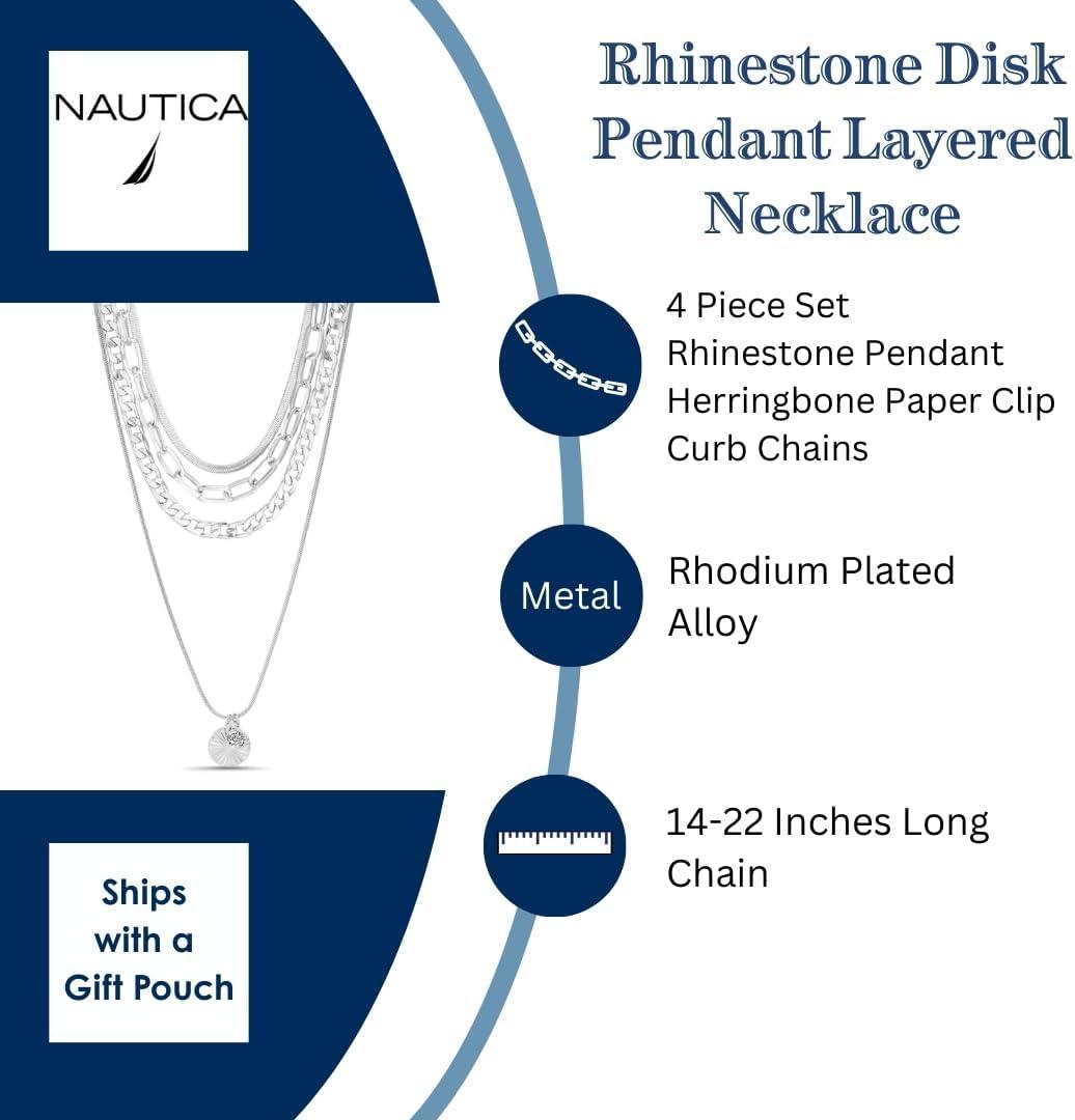 imageNautica Rhinestone Disc Pendant Layered Necklace for Women Rhodium Plated Alloy Four Row White Chain 1422 Inches