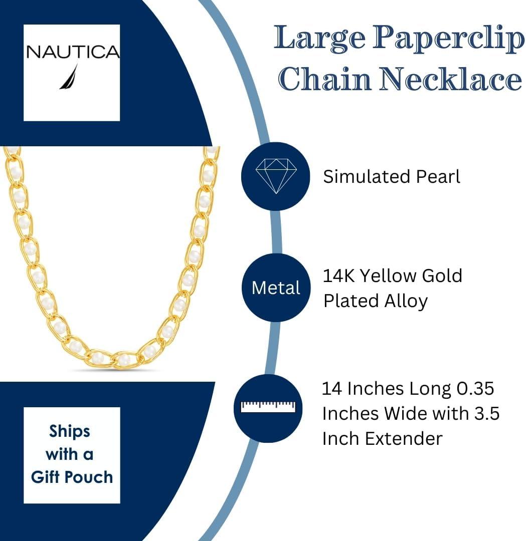 imageNautica Simulated Pearl Chain Necklace for Women 14K Yellow Gold Plated Alloy 175 Inches