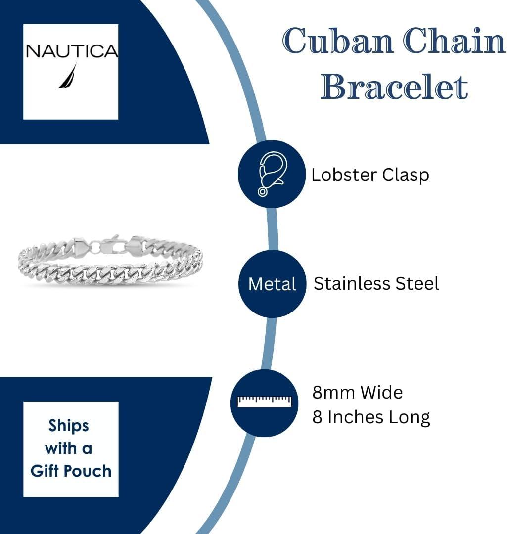 imageNautica Stainless Steel Bracelet for Men 8mm Wide Miami Cuban Chain 8 Inches Long Lobster Clasp