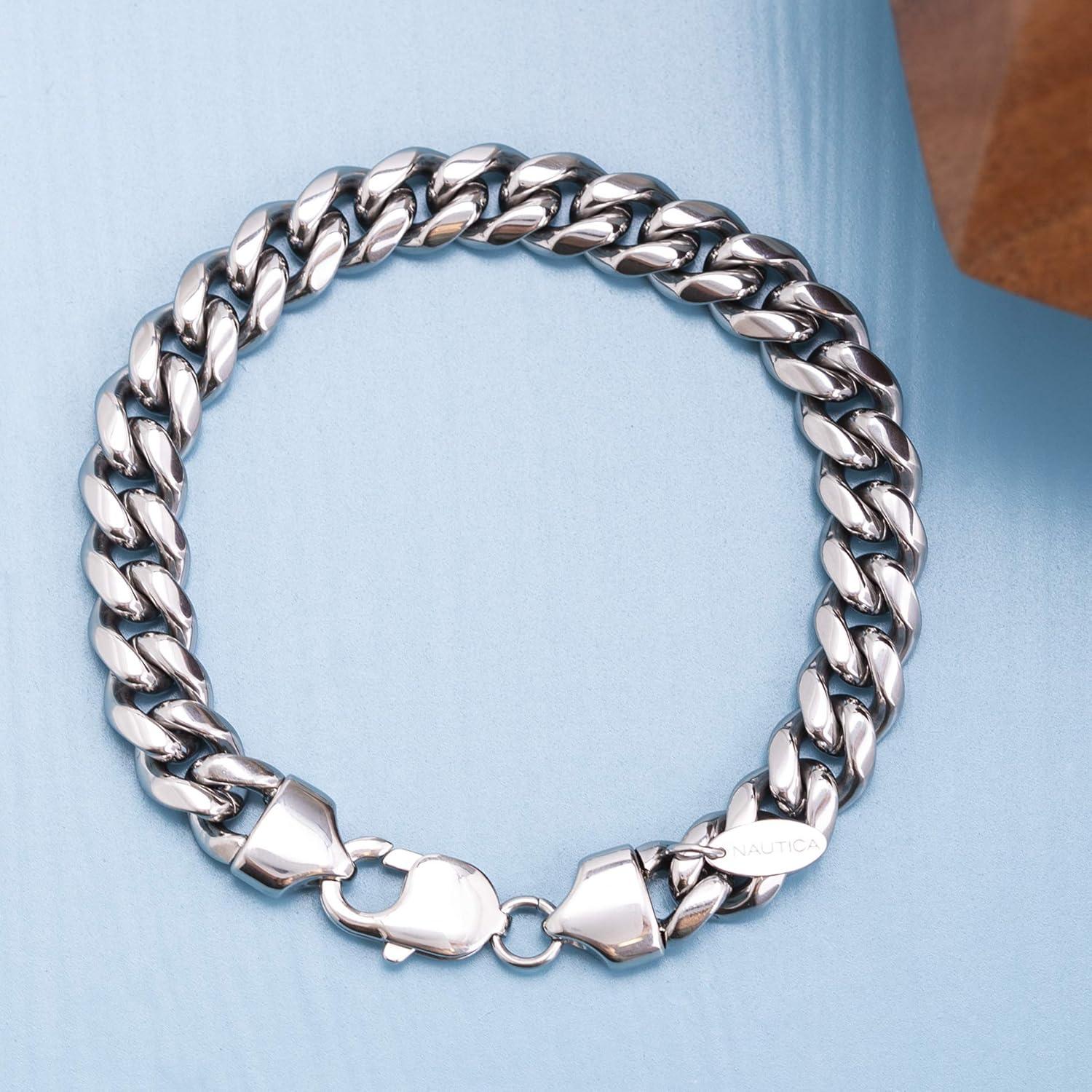 imageNautica Stainless Steel Bracelet for Men 9mm Wide Miami Cuban Link Chain 85 Inches Long Lobster Clasp