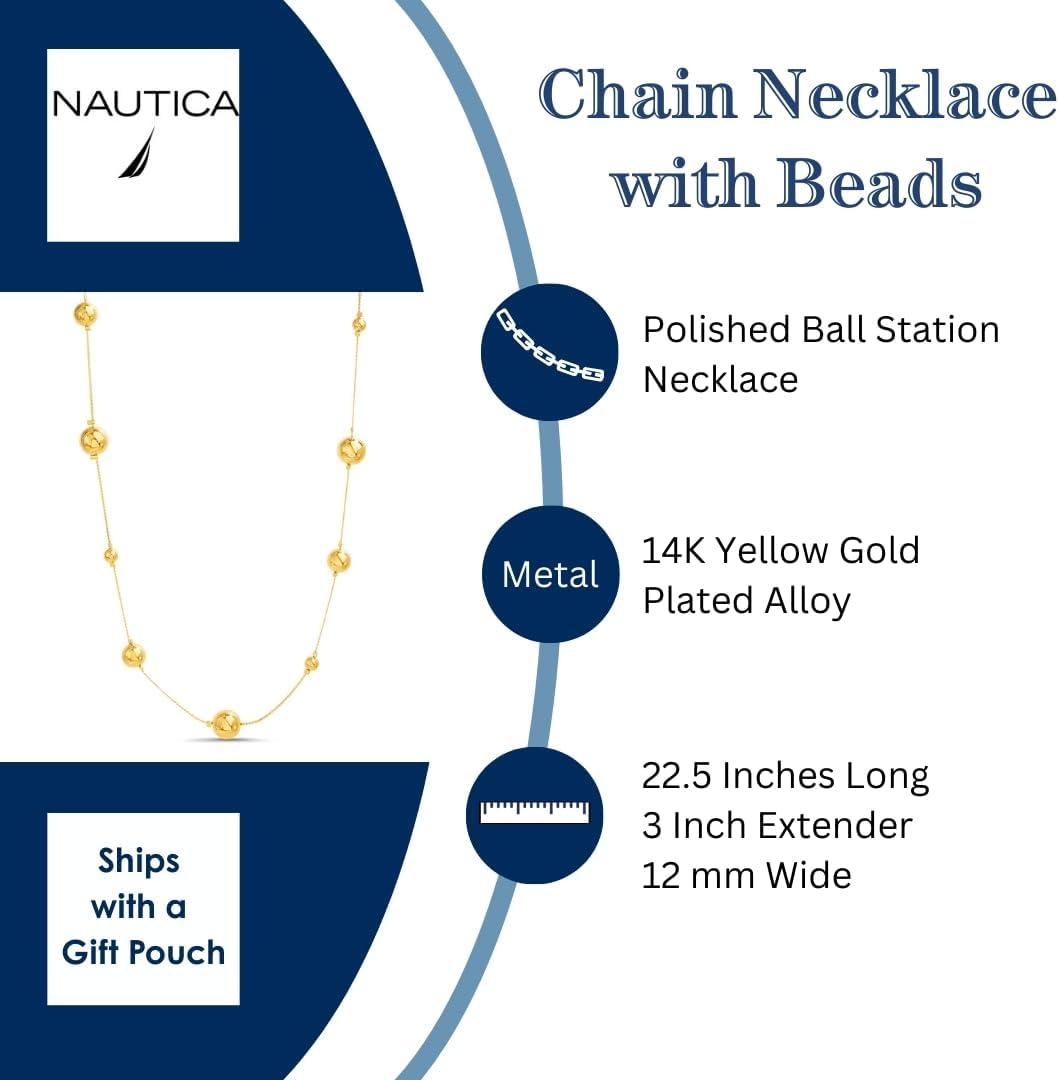imageNautica Station Bead Necklace for Women 14K Yellow Gold Plated Alloy 25 Inches