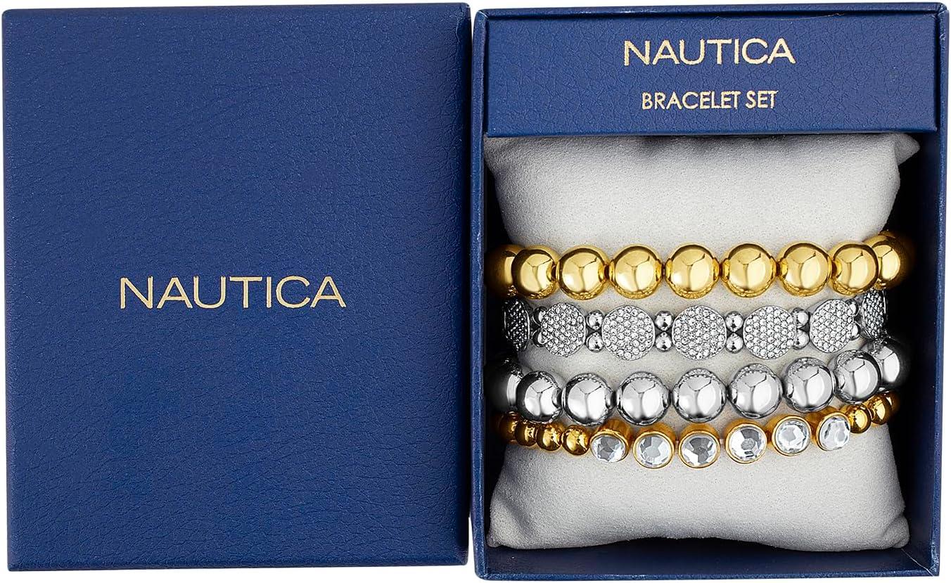 imageNautica Stretch Bead Stacking Bracelet Set for Women Rhodium amp 14K Yellow Gold Plated Alloy