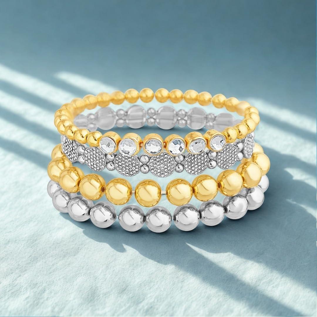 imageNautica Stretch Bead Stacking Bracelet Set for Women Rhodium amp 14K Yellow Gold Plated Alloy