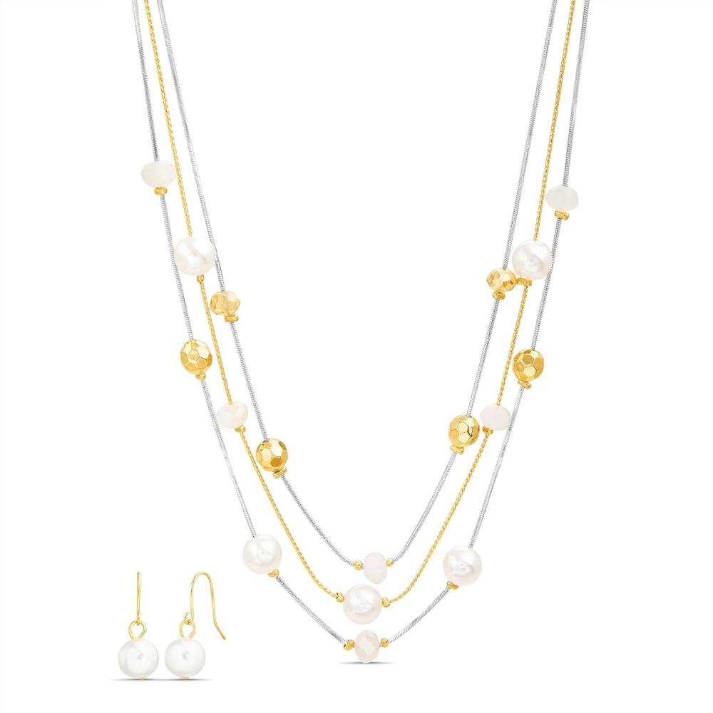 imageNautica Beaded Station Necklace Simulated Pearl Earring Set for Women Rhodium amp 14K Yellow Gold Plated Alloy 2126 Inches