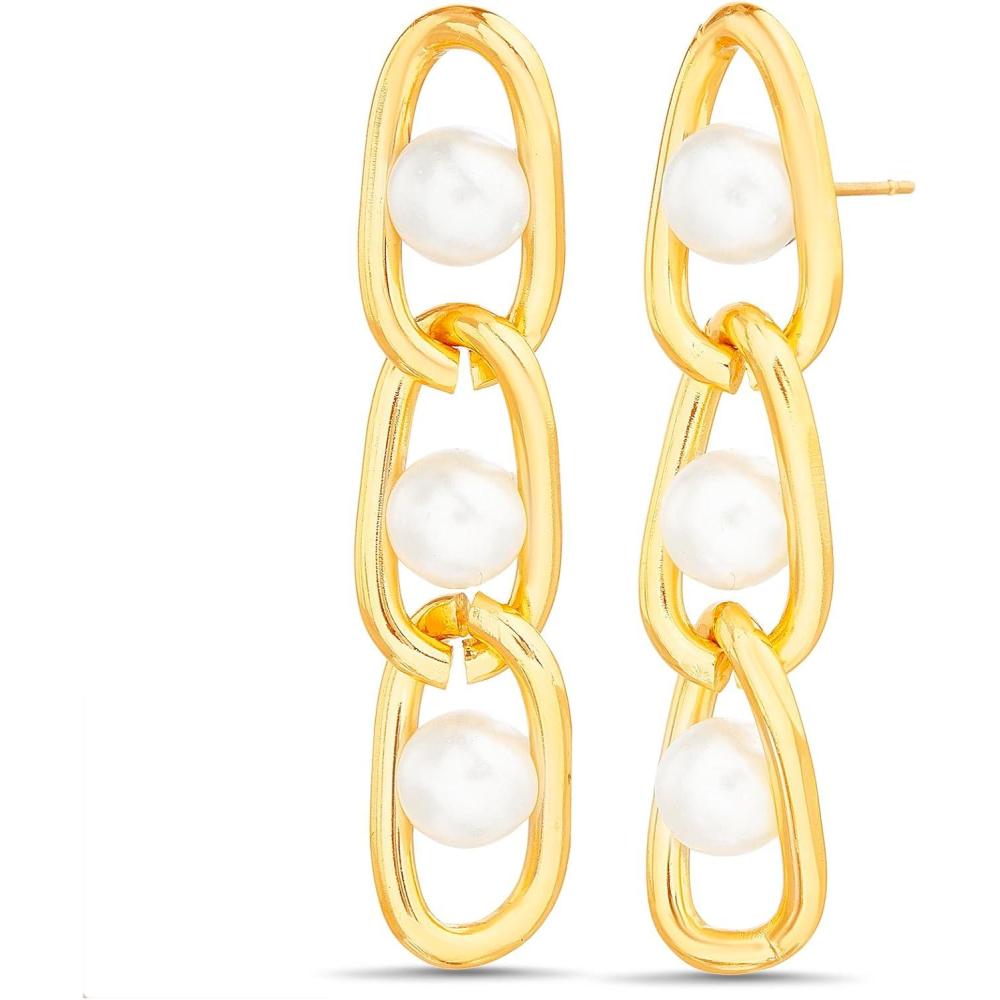 imageNautica Link Chain Simulated Pearl Dangle Earrings for Women 14K Yellow Gold Plated Alloy