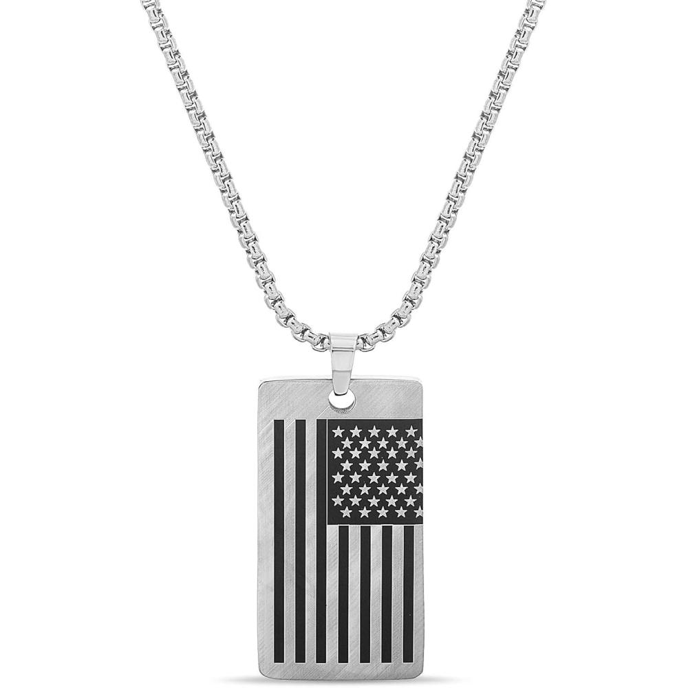 imageNautica Oxidized Stainless Steel American Flag Dog Tag Necklace for Men 24 Inch Rolo Chain