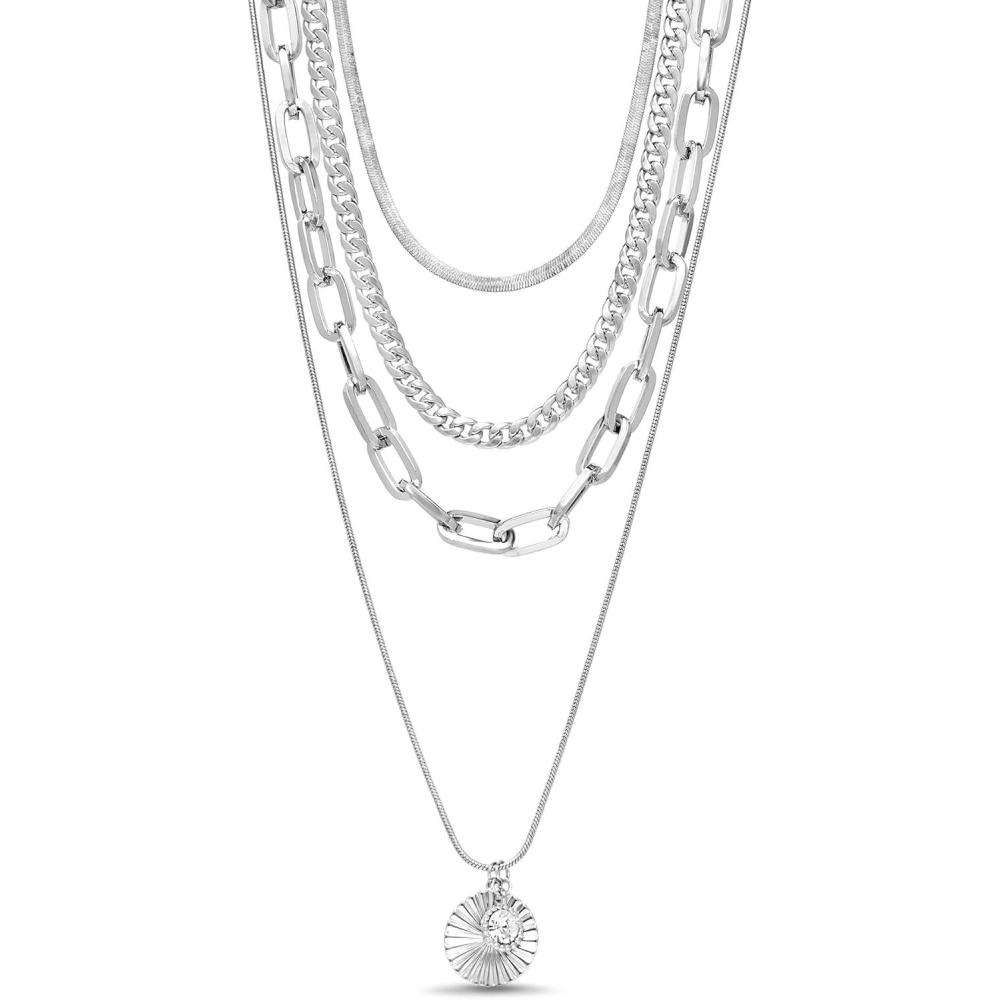 imageNautica Rhinestone Disc Pendant Layered Necklace for Women Rhodium Plated Alloy Four Row White Chain 1422 Inches
