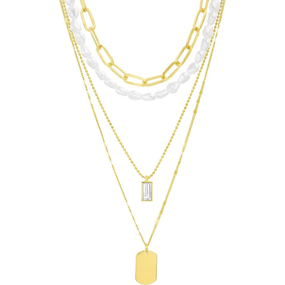 imageNautica Simulated Pearl Rhinestone Dog Tag Necklace Set for Women 14K Yellow Gold Plated Alloy 17 23 Inches