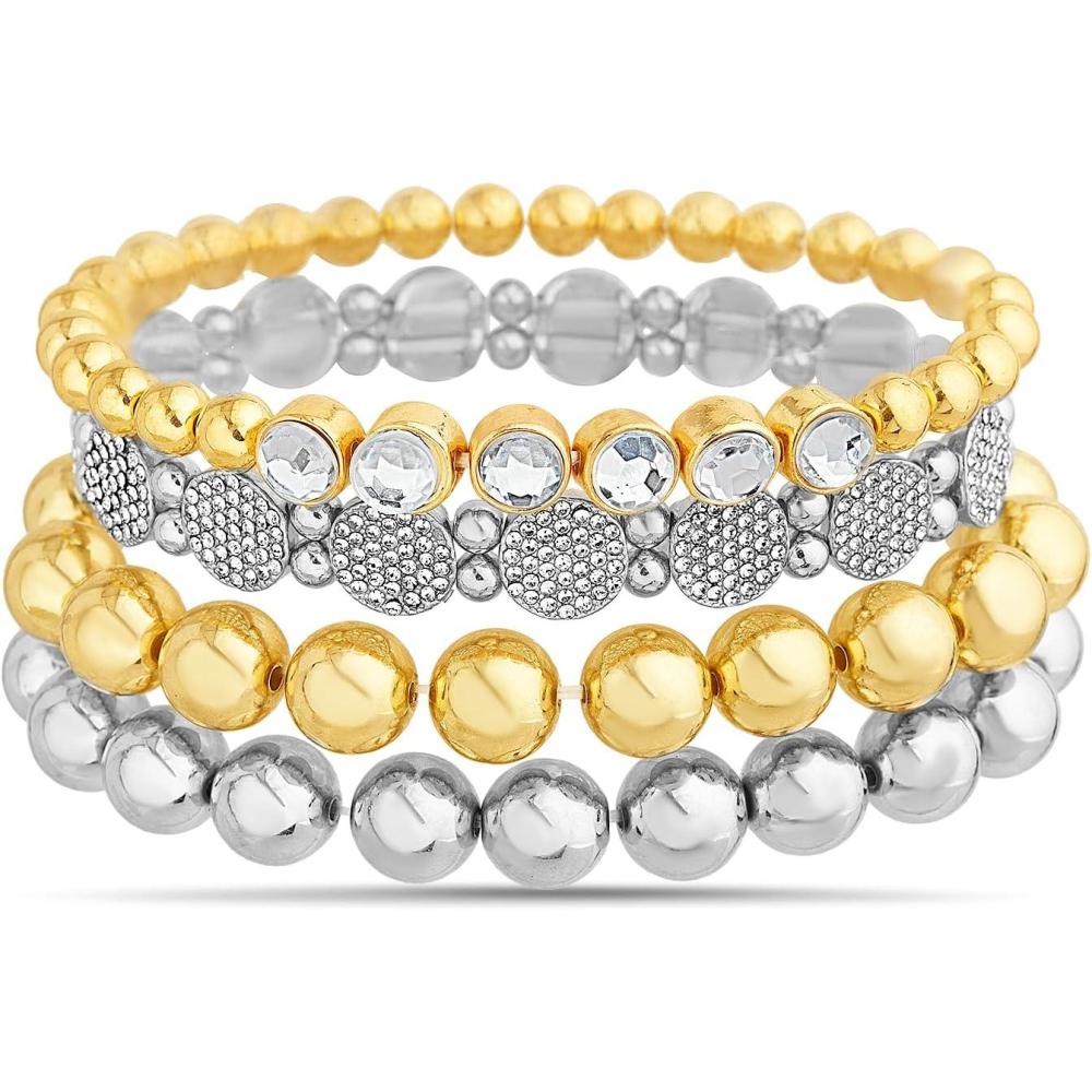imageNautica Stretch Bead Stacking Bracelet Set for Women Rhodium amp 14K Yellow Gold Plated Alloy