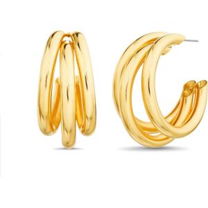 Nautica 29 mm Triple Hoop Earrings for Women 14K Yellow Gold Plated Alloy