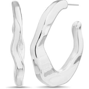 Nautica 37 mm Wavy Hoop Earrings for Women Rhodium Plated Alloy