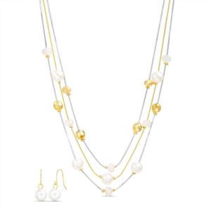 Nautica Beaded Station Necklace Simulated Pearl Earring Set for Women Rhodium & 14K Yellow Gold Plated Alloy 21-26 Inches