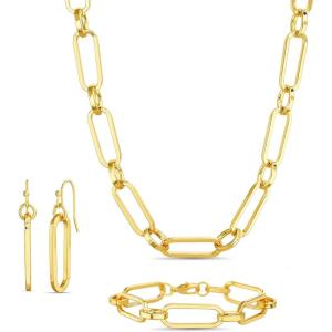 Nautica Link Chain Necklace Earring Bracelet Set for Women 14K Yellow Gold Plated Alloy