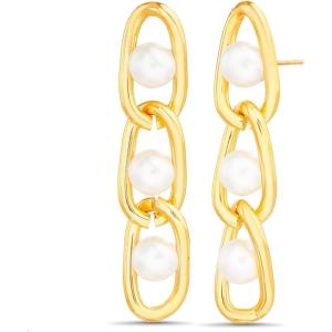 Nautica Link Chain Simulated Pearl Dangle Earrings for Women 14K Yellow Gold Plated Alloy