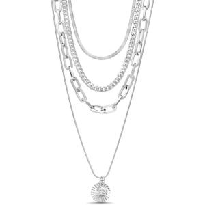 Nautica Rhinestone Disc Pendant Layered Necklace for Women Rhodium Plated Alloy Four Row White Chain 14-22 Inches