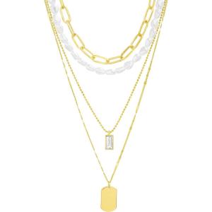 Nautica Simulated Pearl Rhinestone Dog Tag Necklace Set for Women 14K Yellow Gold Plated Alloy 17 – 23 Inches