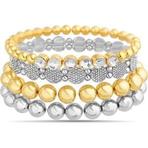 Nautica Stretch Bead Stacking Bracelet Set for Women Rhodium & 14K Yellow Gold Plated Alloy