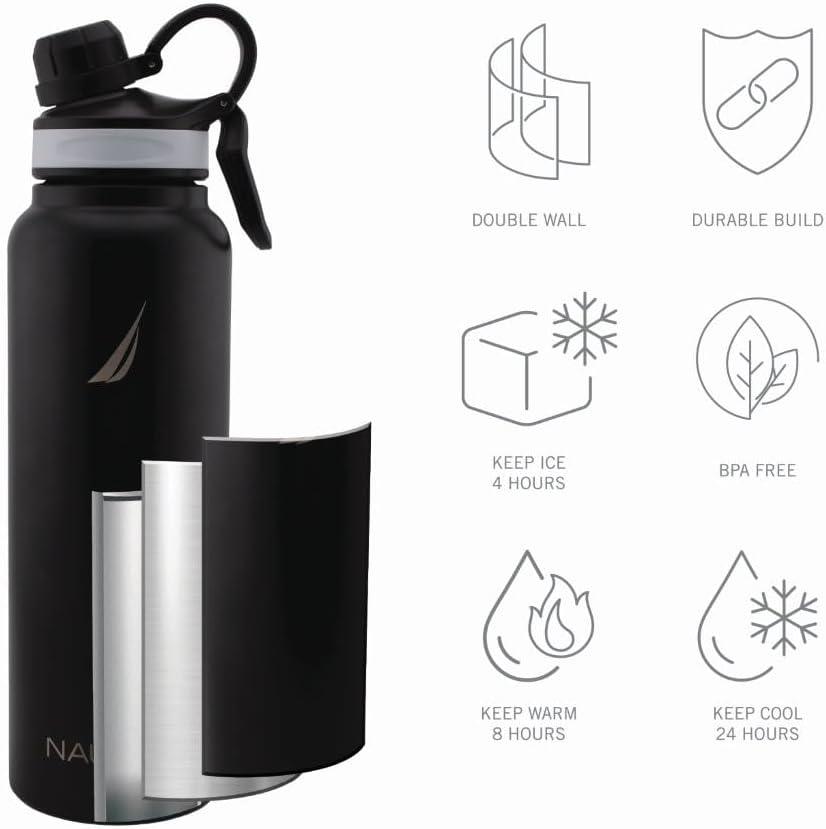 imageNAUTICA Double Wall Stainless Steel Tumbler With ScrewOn Cap 40 oz Cold And Hot Drink GreyBlack