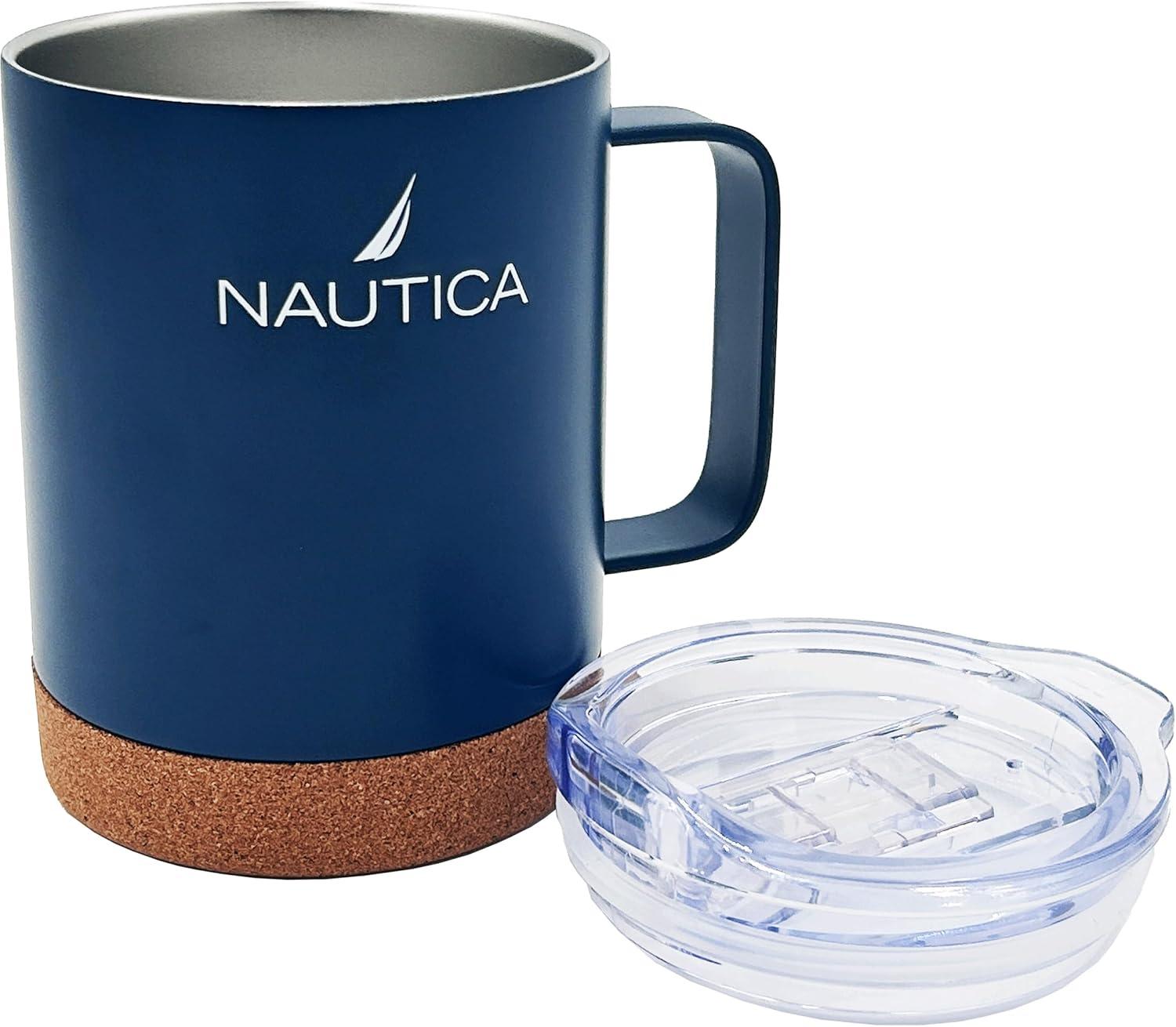 imageNAUTICA Insulated 12 oz Stainless Steel Mug with SpillResistant Lid amp Cork Base Hot or cold beverages Light GreyNavy
