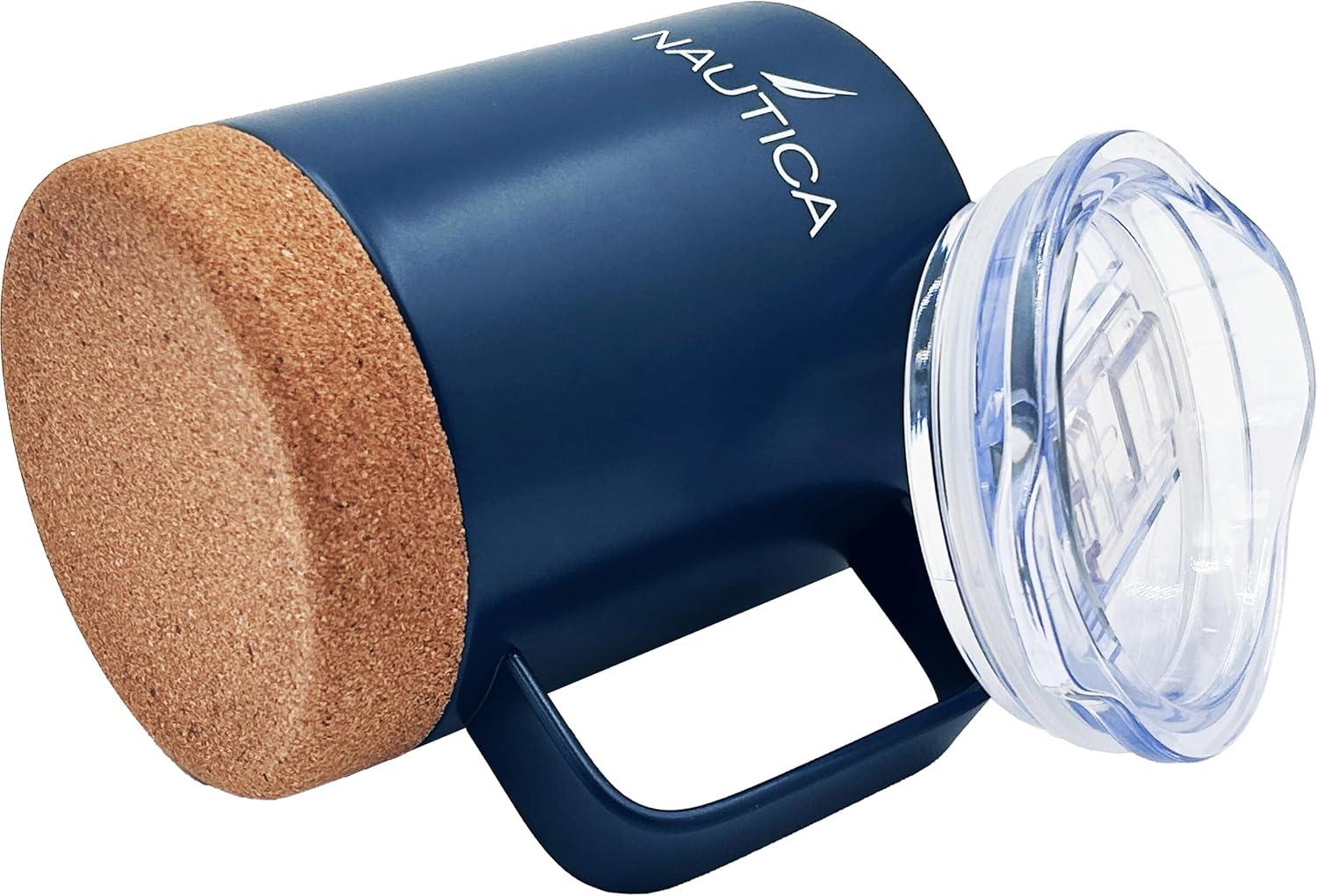 imageNAUTICA Insulated 12 oz Stainless Steel Mug with SpillResistant Lid amp Cork Base Hot or cold beverages Light GreyNavy
