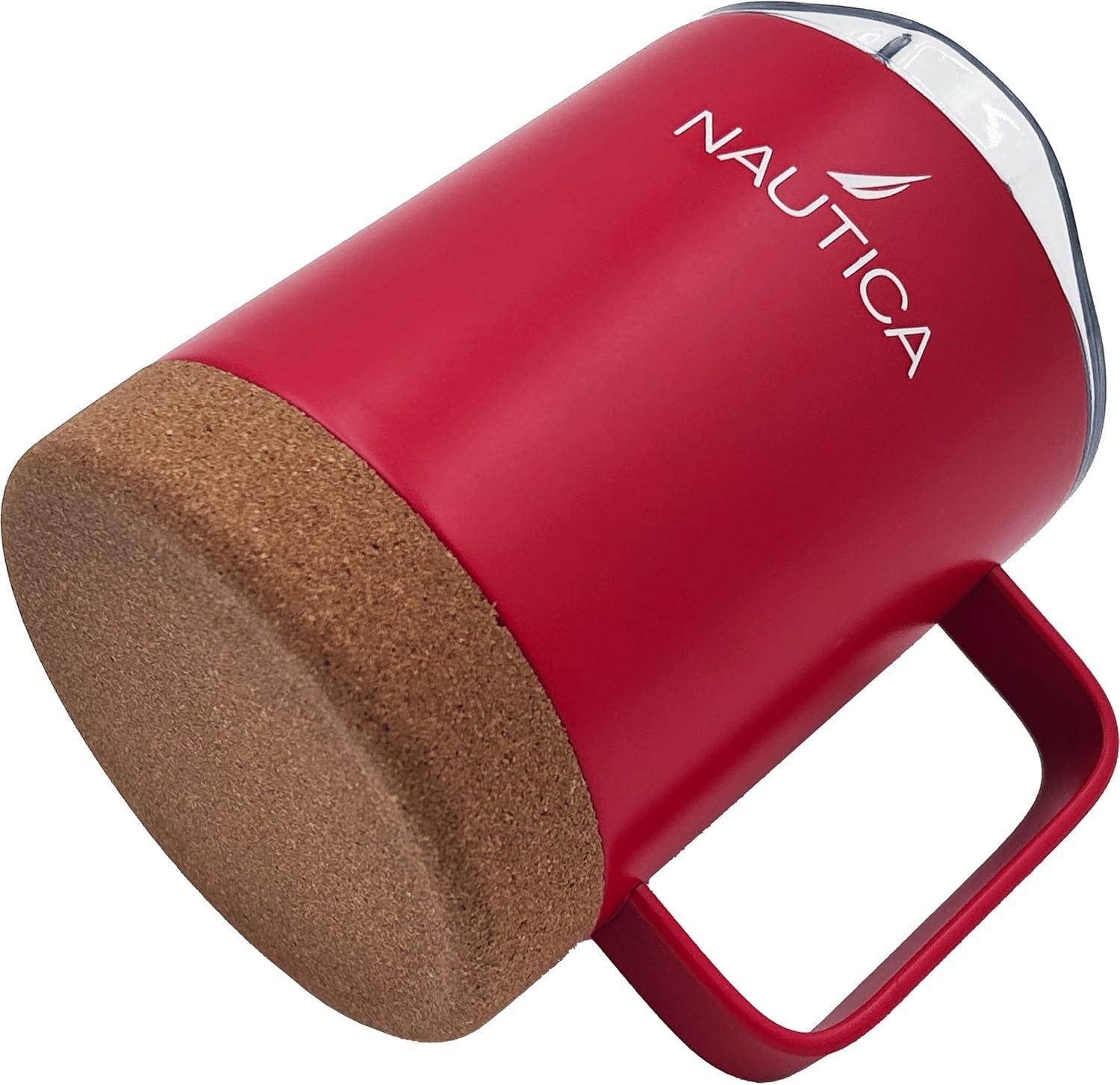 imageNAUTICA Insulated 12 oz Stainless Steel Mug with SpillResistant Lid amp Cork Base Hot or cold beverages Light GreyRed