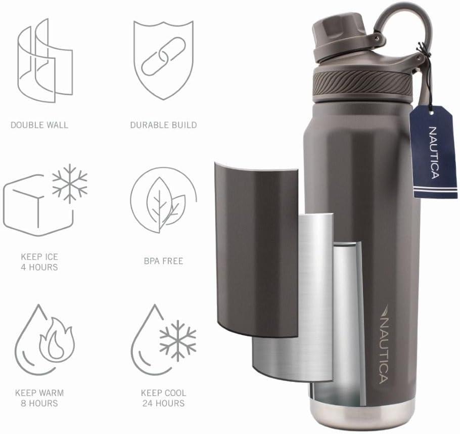 imageNautica 25 oz hydration flask DoubleWall Vacuum Insulated Water Bottle Leak Proof amp BPA Free Iridescent CreamMED GREY