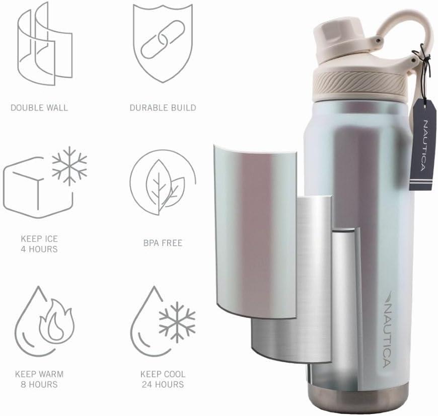 imageNautica 25 oz hydration flask DoubleWall Vacuum Insulated bottle Leak Proof amp BPA Free LIGHT GREYIridescent Cream