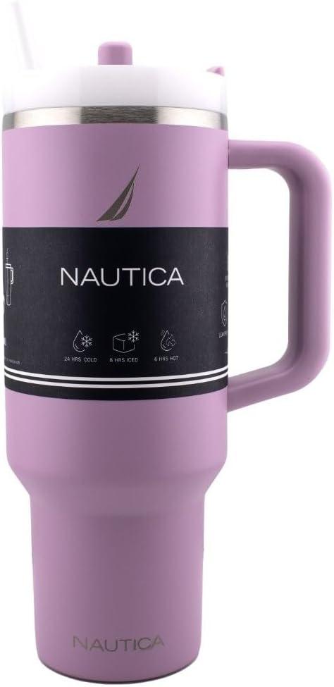 imageNautica 40 oz Large Insulated Tumbler with Handle amp Straw with screw on cap Reusable Water Bottle Stainless Steel Travel Mug for Hot Cold or Iced Drink BPAFree Fits Car Cup Holders Nova BlueViolet