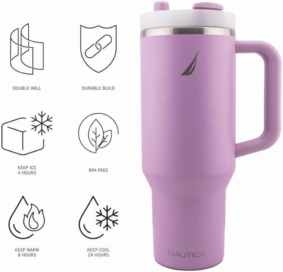 imageNautica 40 oz Large Insulated Tumbler with Handle amp Straw with screw on cap Reusable Water Bottle Stainless Steel Travel Mug for Hot Cold or Iced Drink BPAFree Fits Car Cup Holders Nova BlueViolet