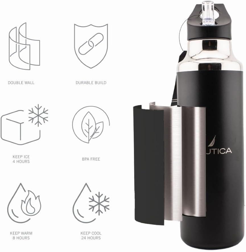 imageNautica Insulated 21oz Sleek Stainless Steel Water Bottle with Flip Lid Straw Leakproof BPAFree Wide Mouth Keeps Drinks Hot or Cold Sports Bottle Ideal for Gym Hiking and Travel BLACKBlack