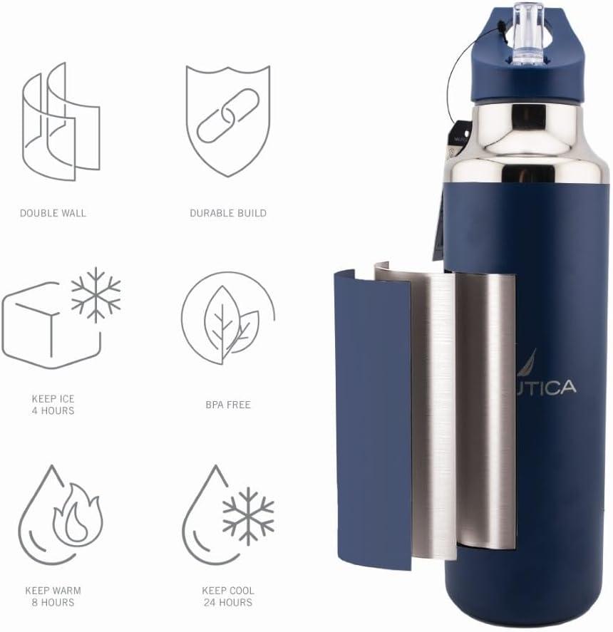 imageNautica Insulated 21oz Sleek Stainless Steel Water Bottle with Flip Lid Straw Leakproof BPAFree Wide Mouth Keeps Drinks Hot or Cold Sports Bottle Ideal for Gym Hiking and Travel BLACKNavy