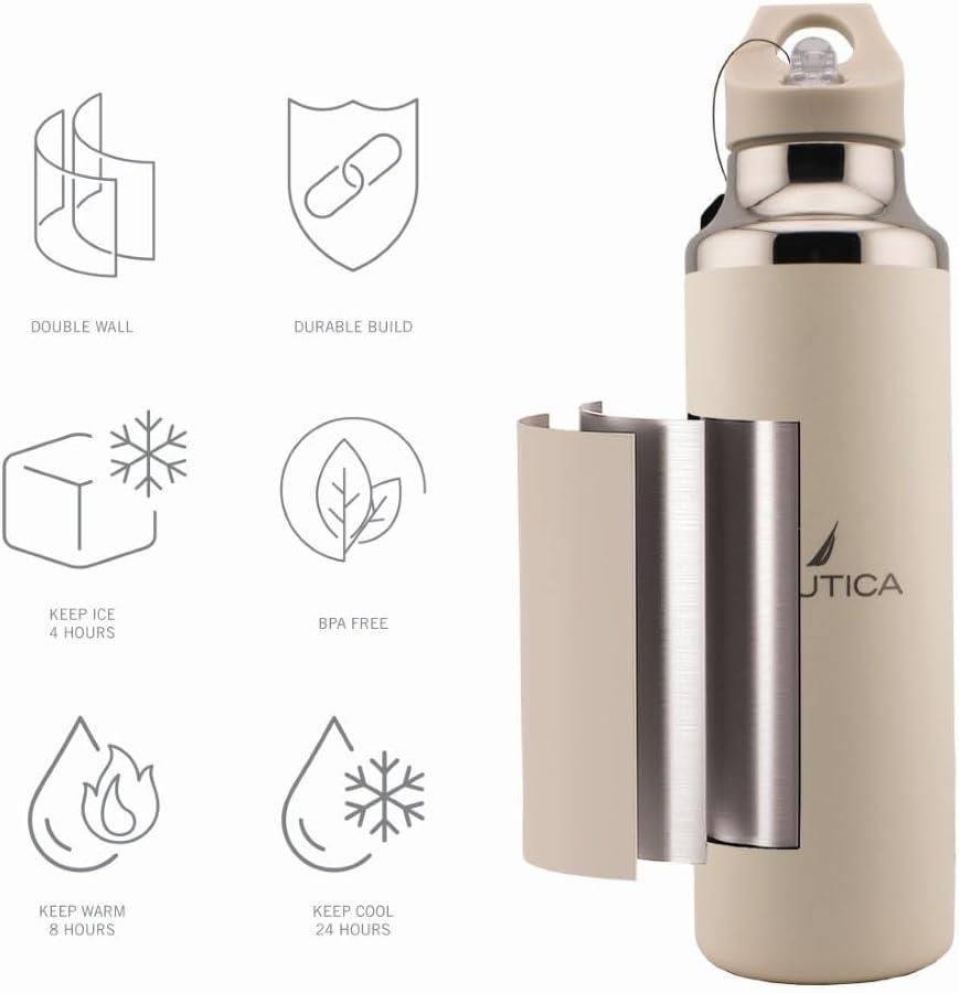 imageNautica Insulated 21oz Sleek Stainless Steel Water Bottle with Flip Lid Straw Leakproof BPAFree Wide Mouth Keeps Drinks Hot or Cold Sports Bottle Ideal for Gym Hiking and Travel BLACKTaupe