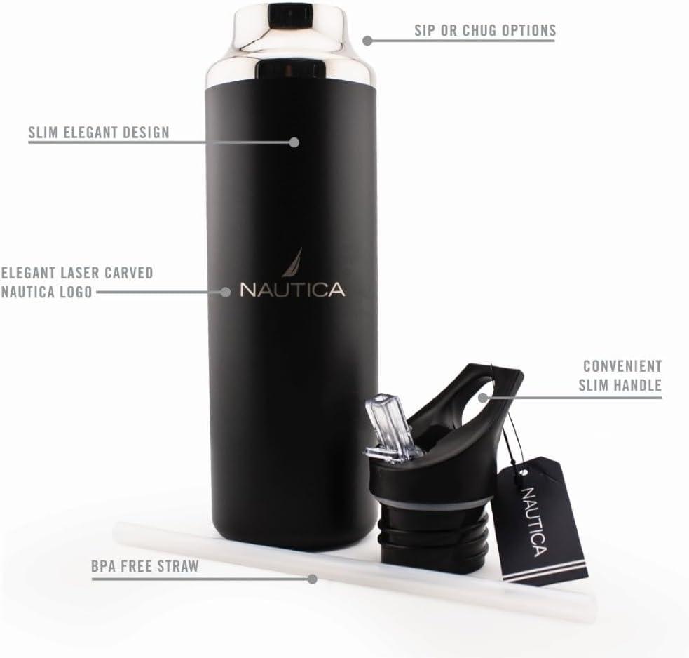 imageNautica Insulated 21oz Sleek Stainless Steel Water Bottle with Flip Lid Straw Leakproof BPAFree Wide Mouth Keeps Drinks Hot or Cold Sports Bottle Ideal for Gym Hiking and Travel BLACKBlack