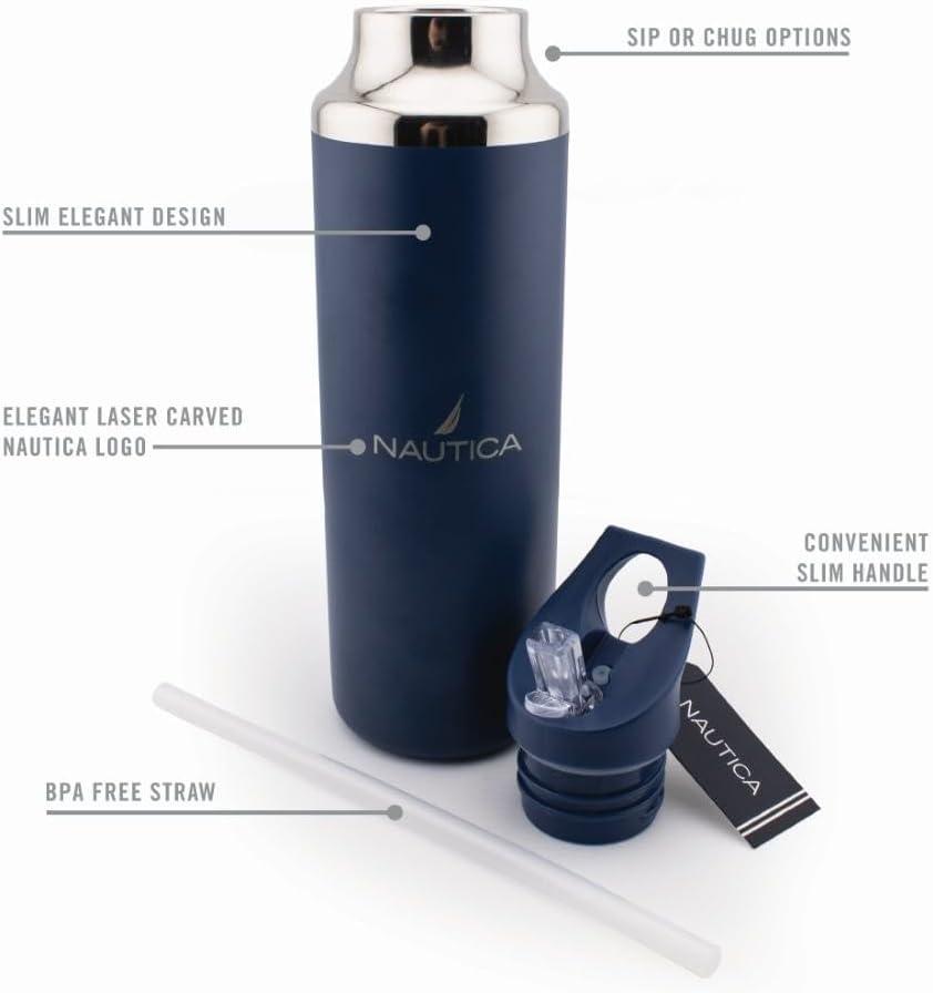 imageNautica Insulated 21oz Sleek Stainless Steel Water Bottle with Flip Lid Straw Leakproof BPAFree Wide Mouth Keeps Drinks Hot or Cold Sports Bottle Ideal for Gym Hiking and Travel BLACKNavy