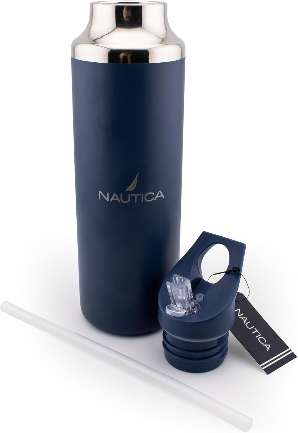 imageNautica Insulated 21oz Sleek Stainless Steel Water Bottle with Flip Lid Straw Leakproof BPAFree Wide Mouth Keeps Drinks Hot or Cold Sports Bottle Ideal for Gym Hiking and Travel BLACKNavy